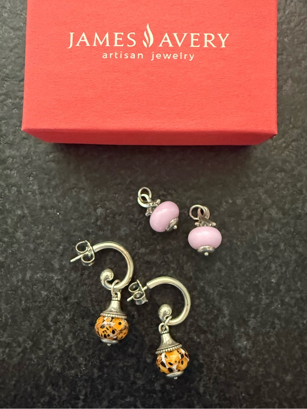 James Avery Sterling Silver Changeable Drop Earrings with Leopard and Pink